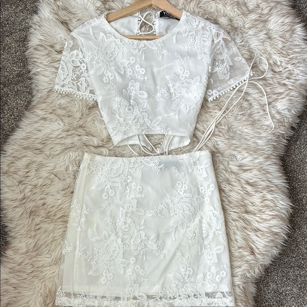 White Embroidered Two-Piece Set with Laced Back Detail